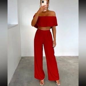 Joyfunear Off Shoulder Overlay Crop Top & Fold Pleated Detail Wide Leg Pants